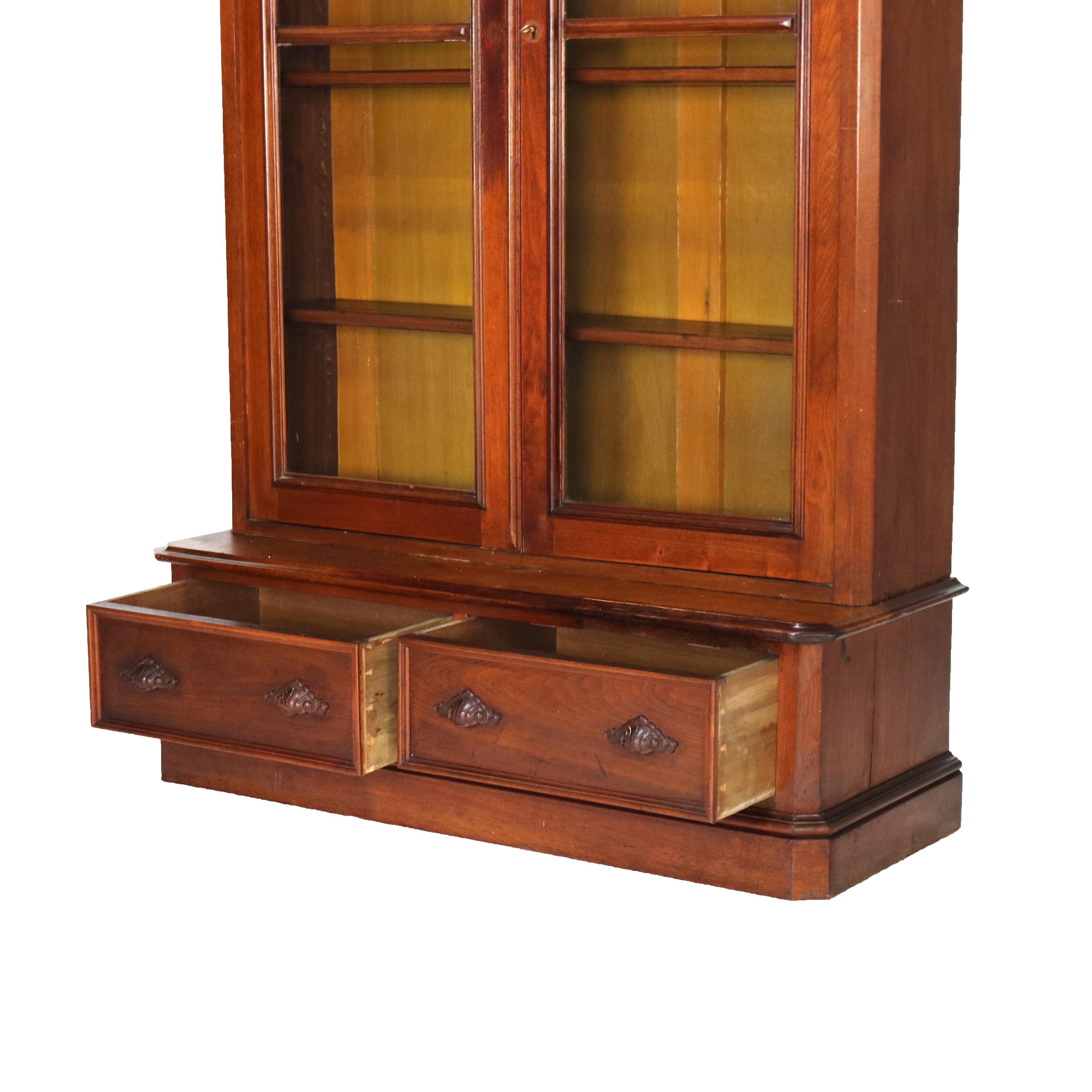 Antique Victorian Walnut Two Door Two Drawer Step Back Bookcase C1890 8