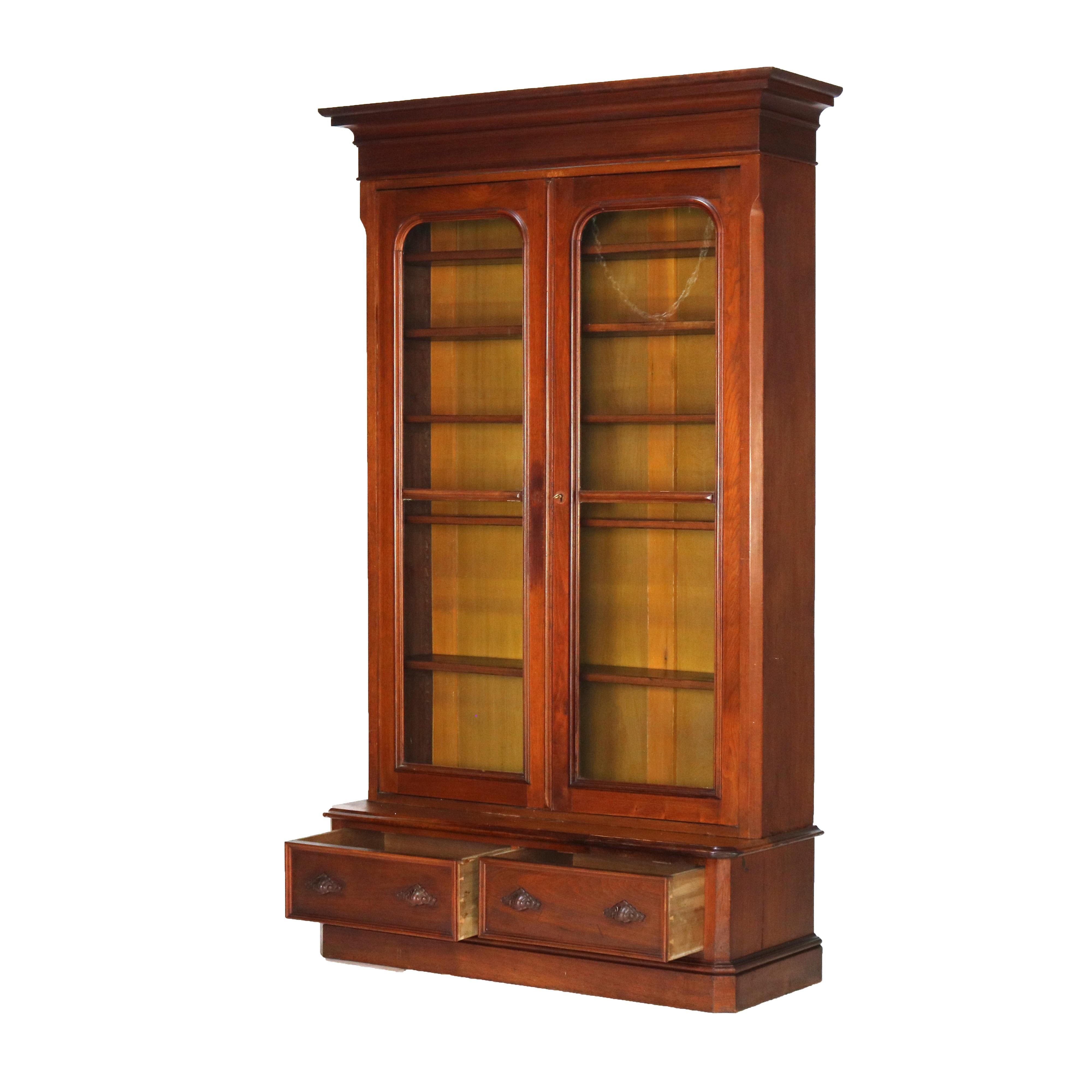 Antique Victorian Walnut Two Door Two Drawer Step Back Bookcase C1890 9