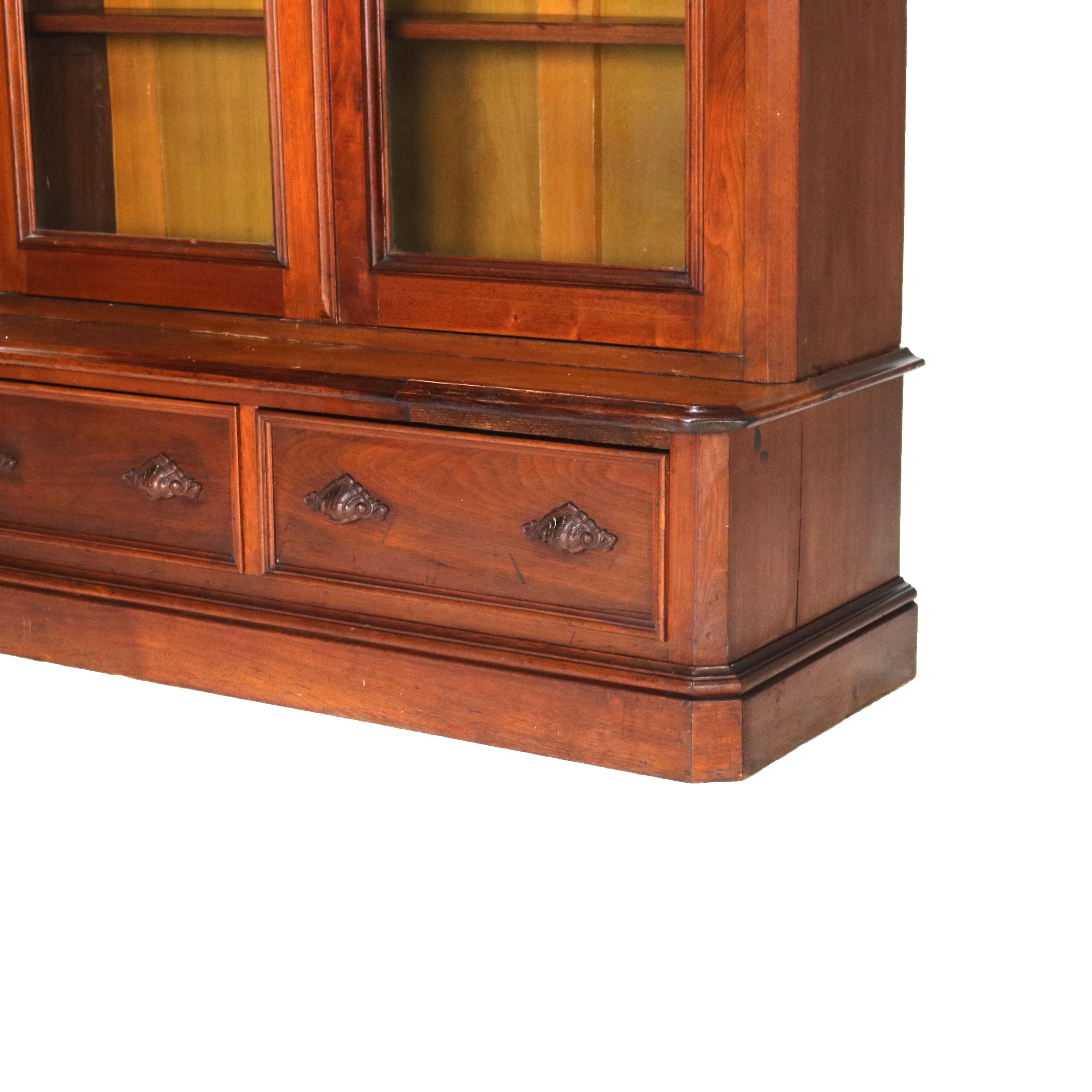 Antique Victorian Walnut Two Door Two Drawer Step Back Bookcase C1890 In Good Condition In Big Flats, NY