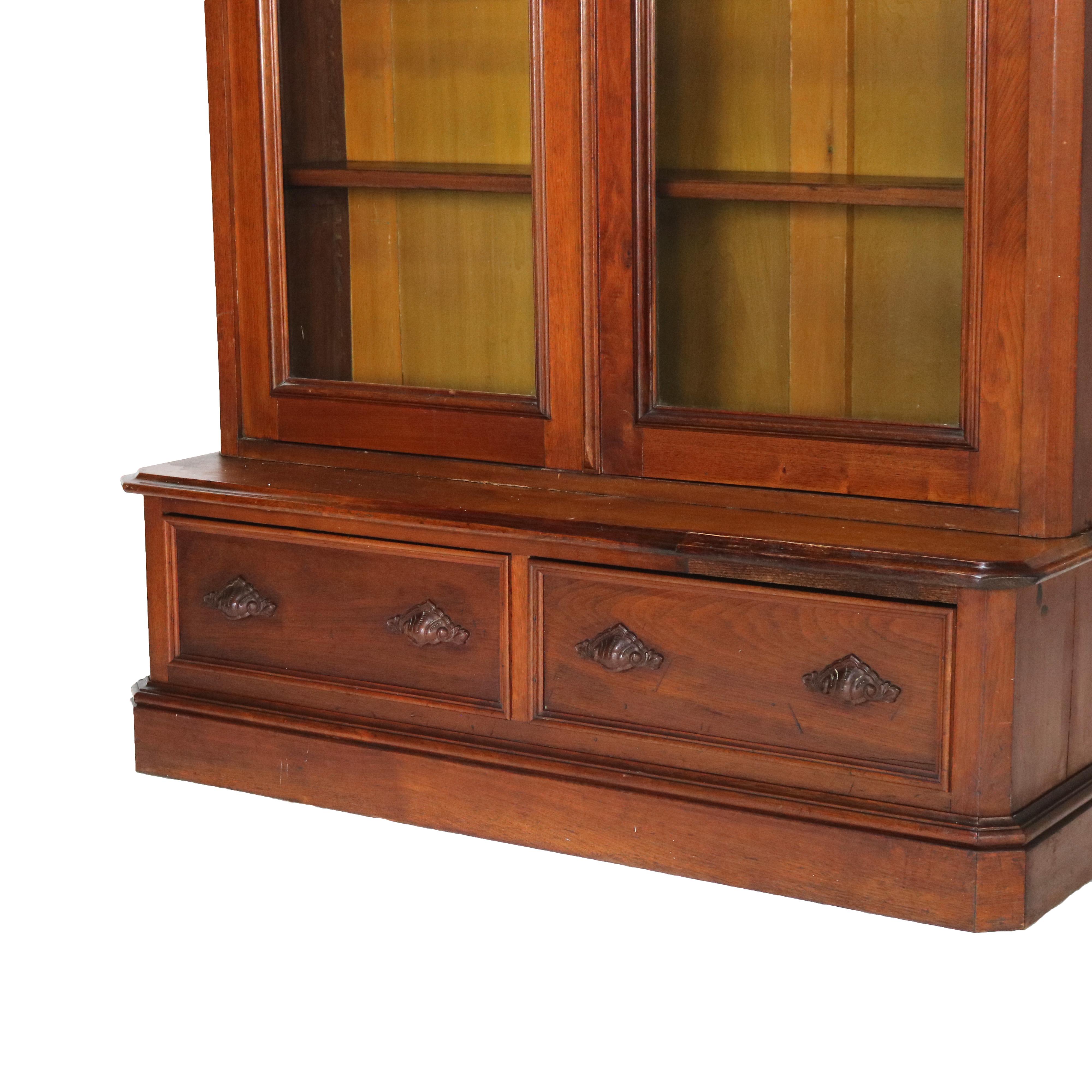 19th Century Antique Victorian Walnut Two Door Two Drawer Step Back Bookcase C1890
