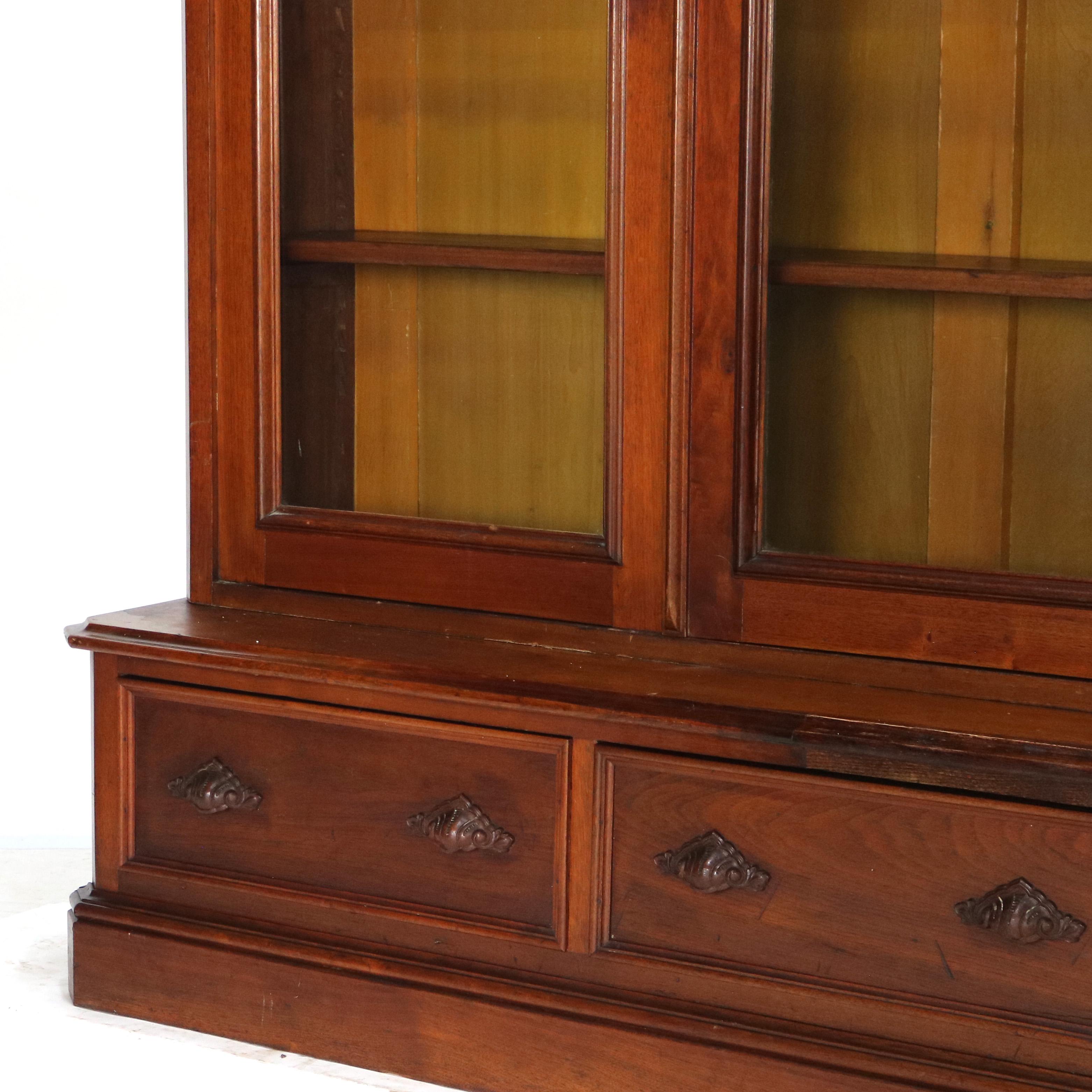 Antique Victorian Walnut Two Door Two Drawer Step Back Bookcase C1890 1