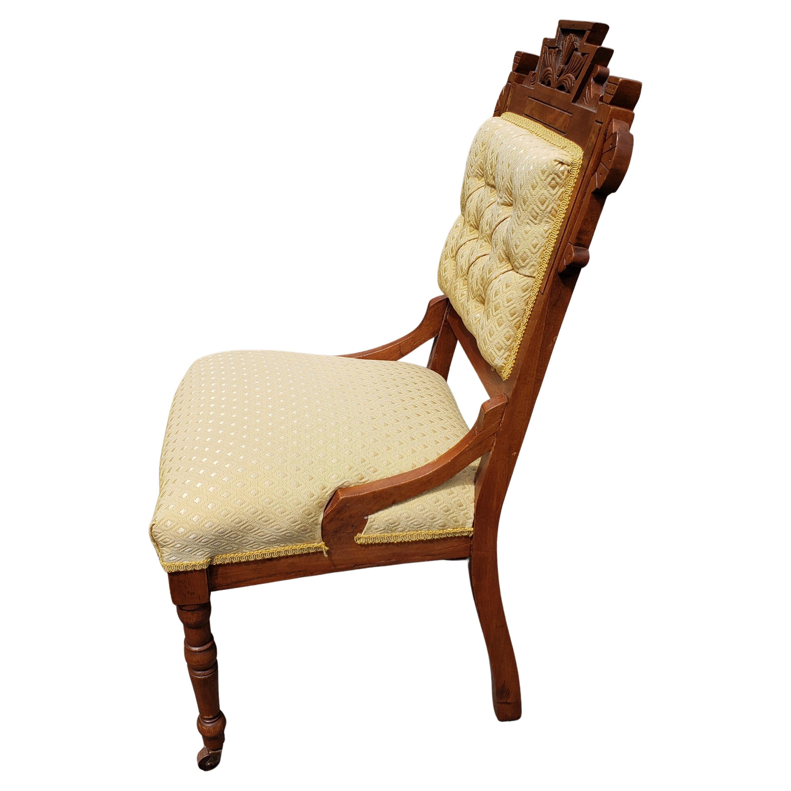 American Antique Victorian Walnut Upholstered Tufted Parlor Chair, Circa 1880s For Sale