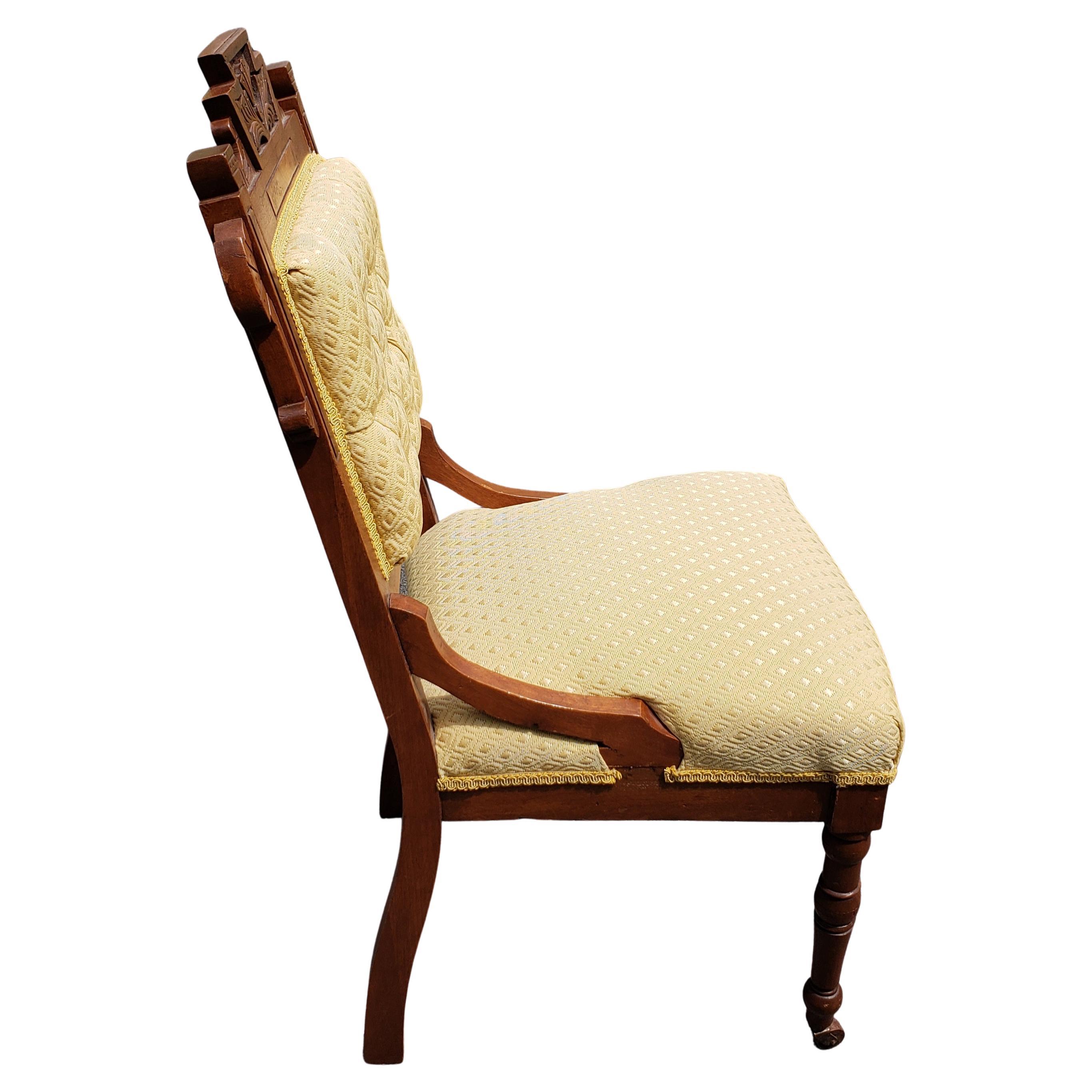 Hand-Carved Antique Victorian Walnut Upholstered Tufted Parlor Chair, Circa 1880s For Sale