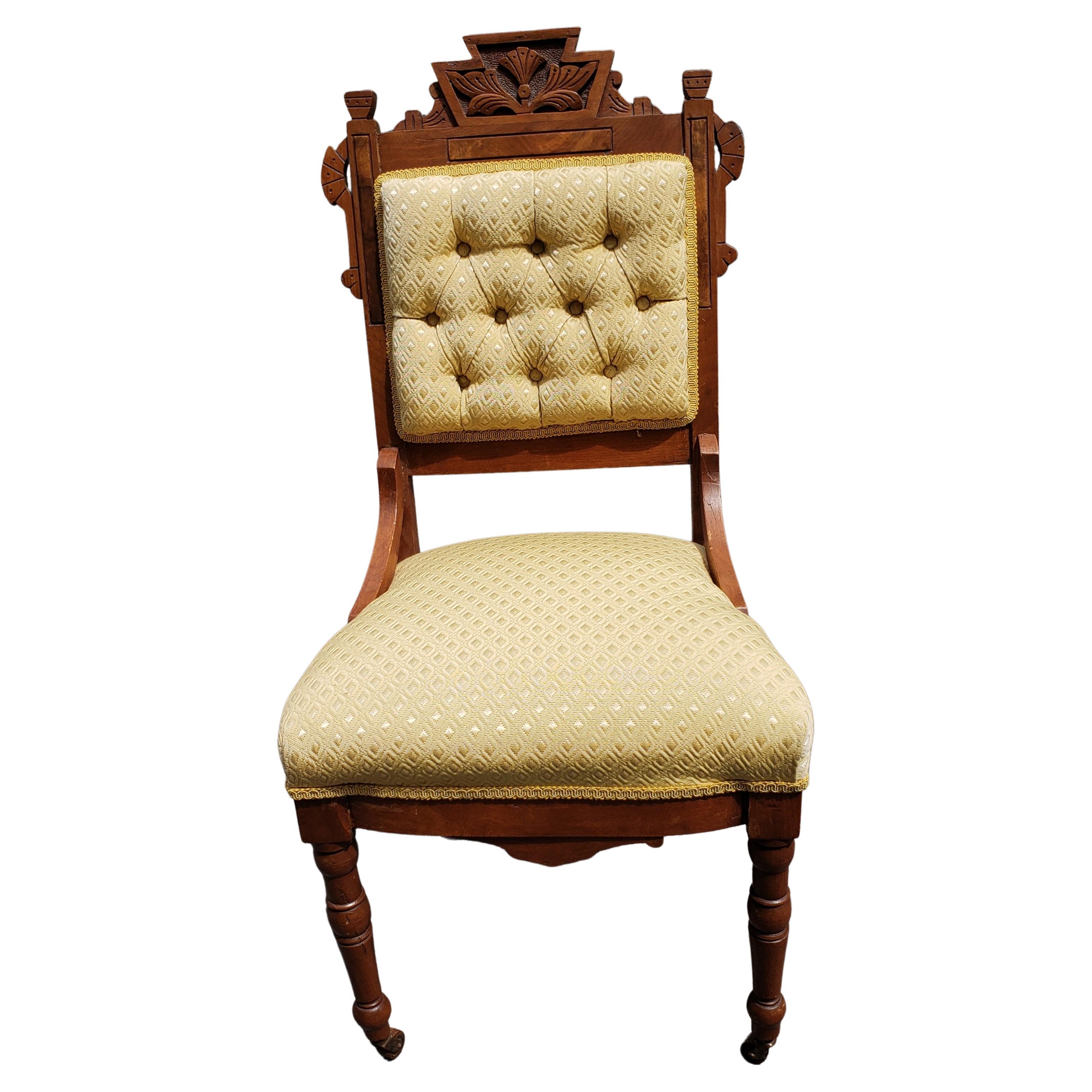19th Century Antique Victorian Walnut Upholstered Tufted Parlor Chair, Circa 1880s For Sale