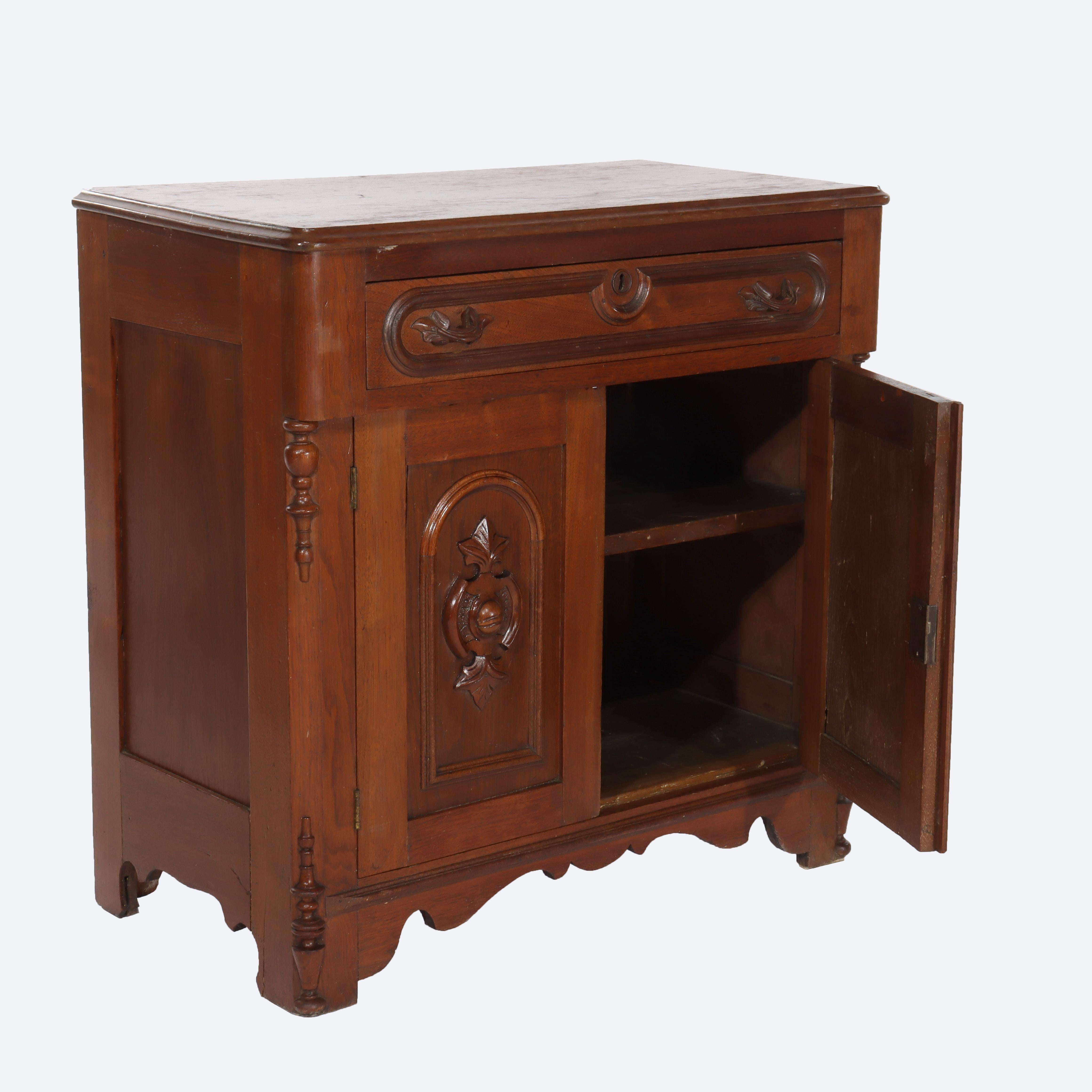 Antique Victorian Walnut Washstand with Backsplash & Carved Pulls C1900 For Sale 12