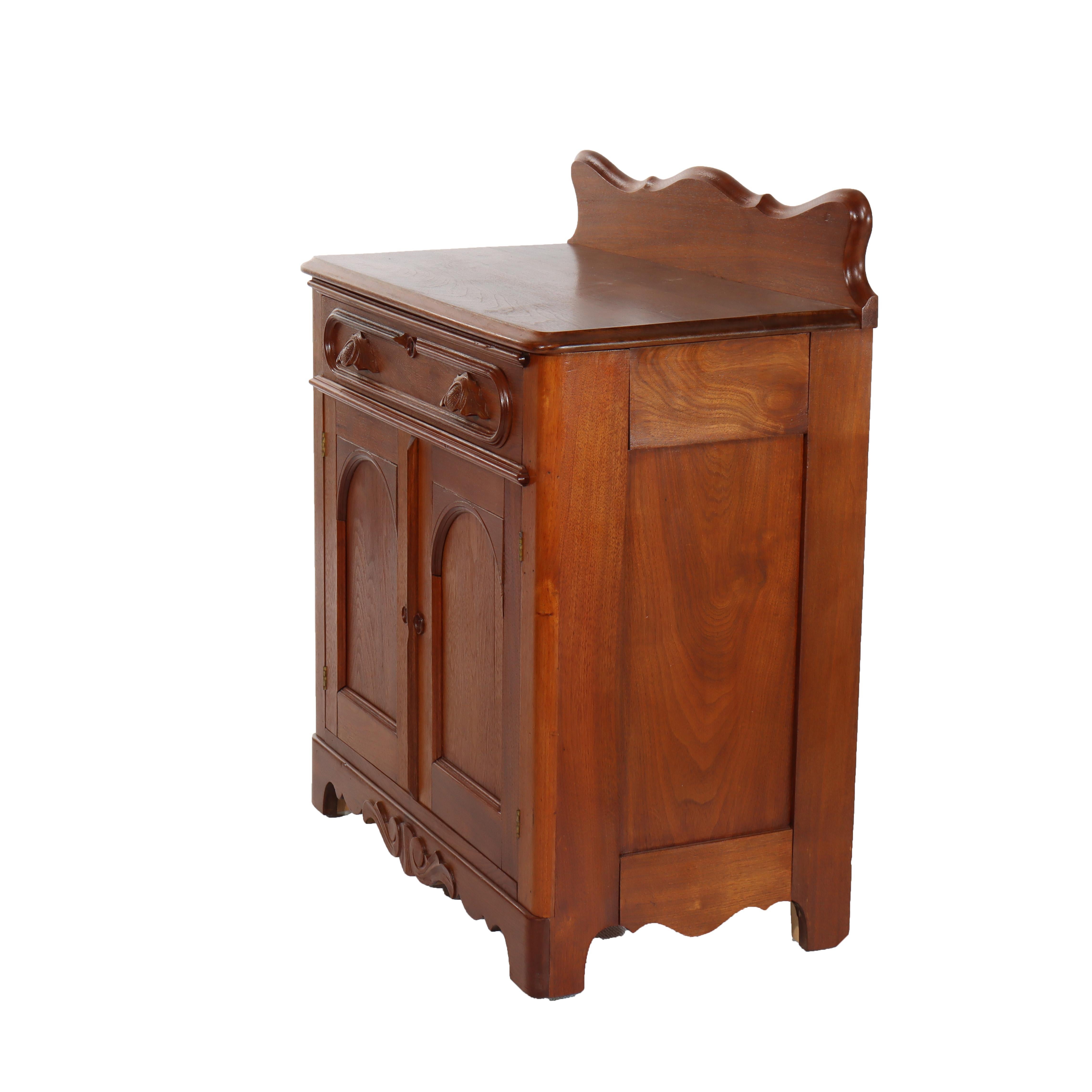 Antique Victorian Walnut Washstand With Backsplash & Carved Pulls c1900 In Good Condition For Sale In Big Flats, NY