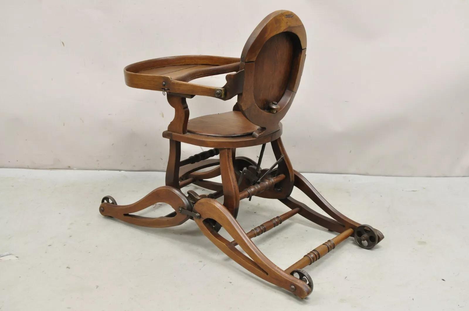 Antique Victorian Walnut Wood Convertible Combination Baby High Chair Stroller 5