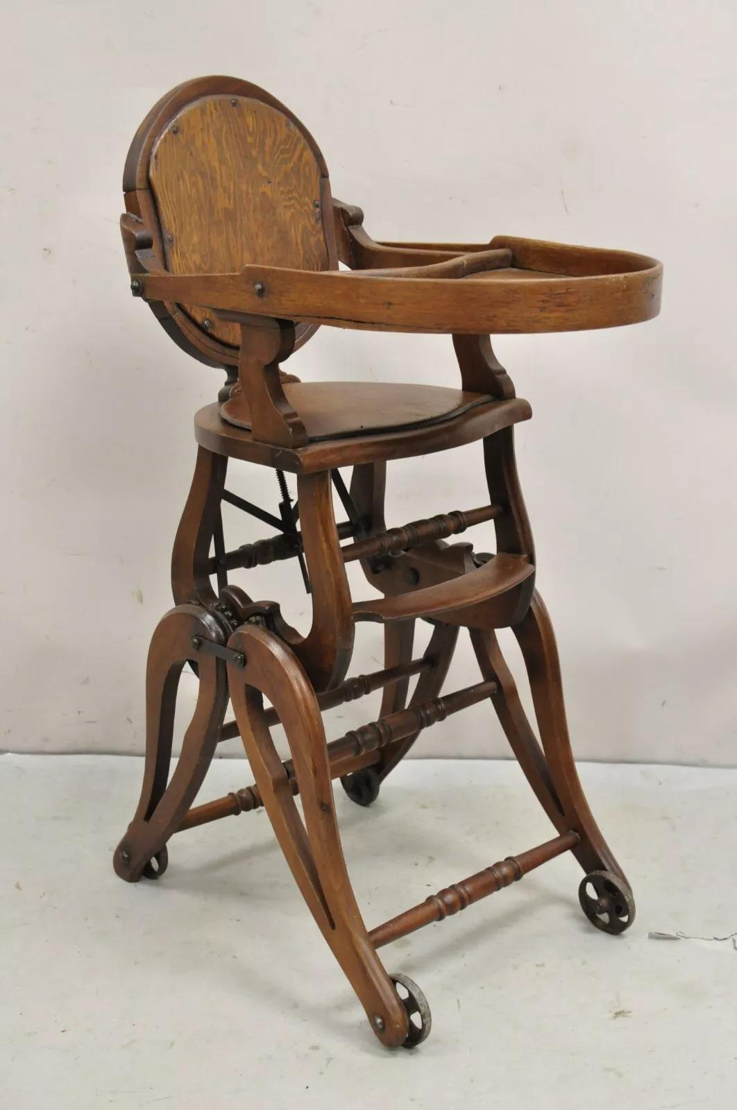 Antique Victorian Walnut Wood Convertible Combination Baby High Chair Stroller 6
