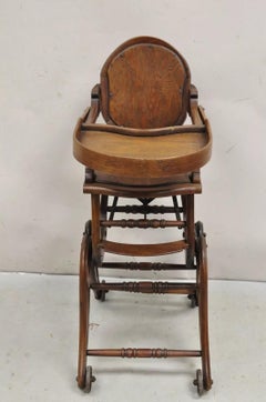 Antique Victorian Walnut Wood Convertible Combination Baby High Chair Stroller