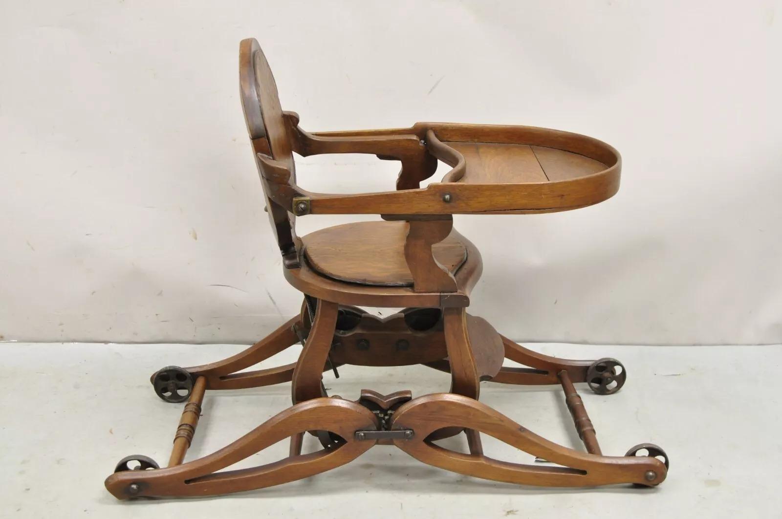 Unknown Antique Victorian Walnut Wood Convertible Combination Baby High Chair Stroller