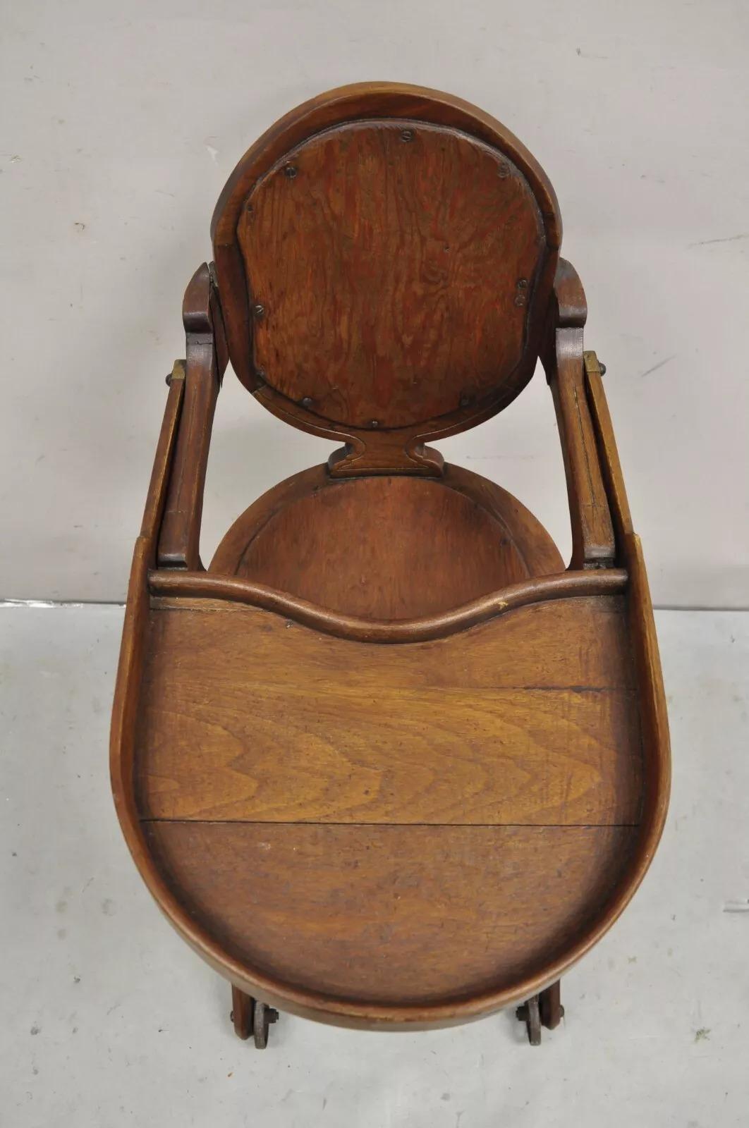 19th Century Antique Victorian Walnut Wood Convertible Combination Baby High Chair Stroller