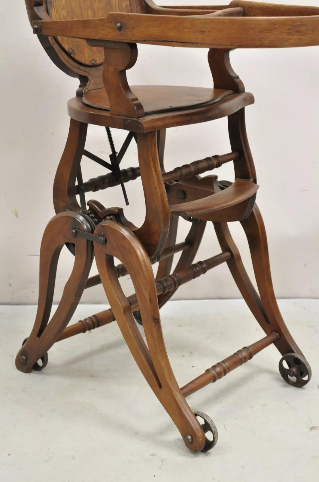 Antique Victorian Walnut Wood Convertible Combination Baby High Chair Stroller 1