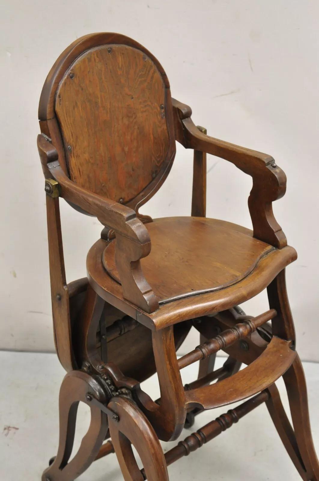 Antique Victorian Walnut Wood Convertible Combination Baby High Chair Stroller 3