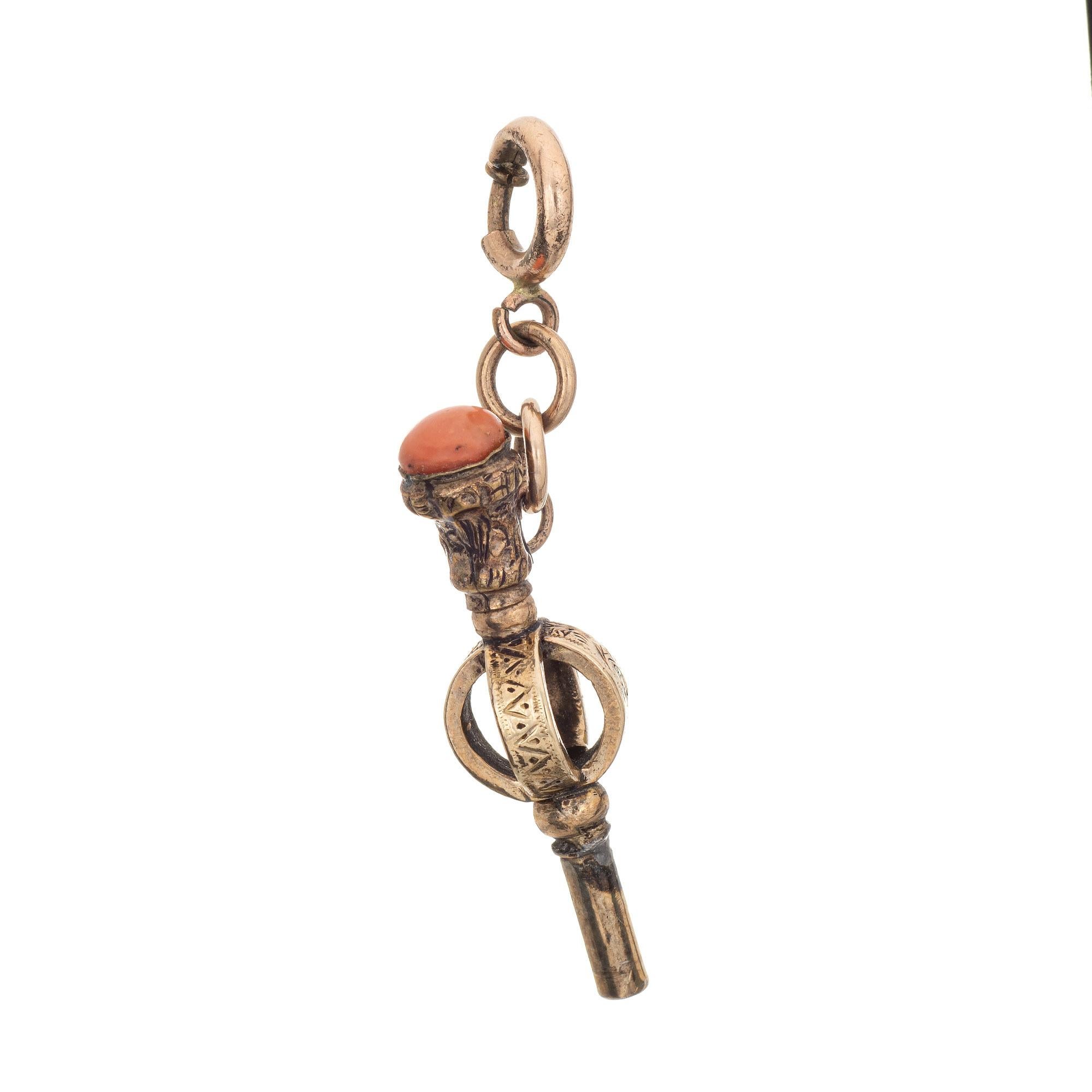 Cabochon Antique Victorian Watch Key Fob 9k Yellow Gold Charm Pendant Coral Jewelry