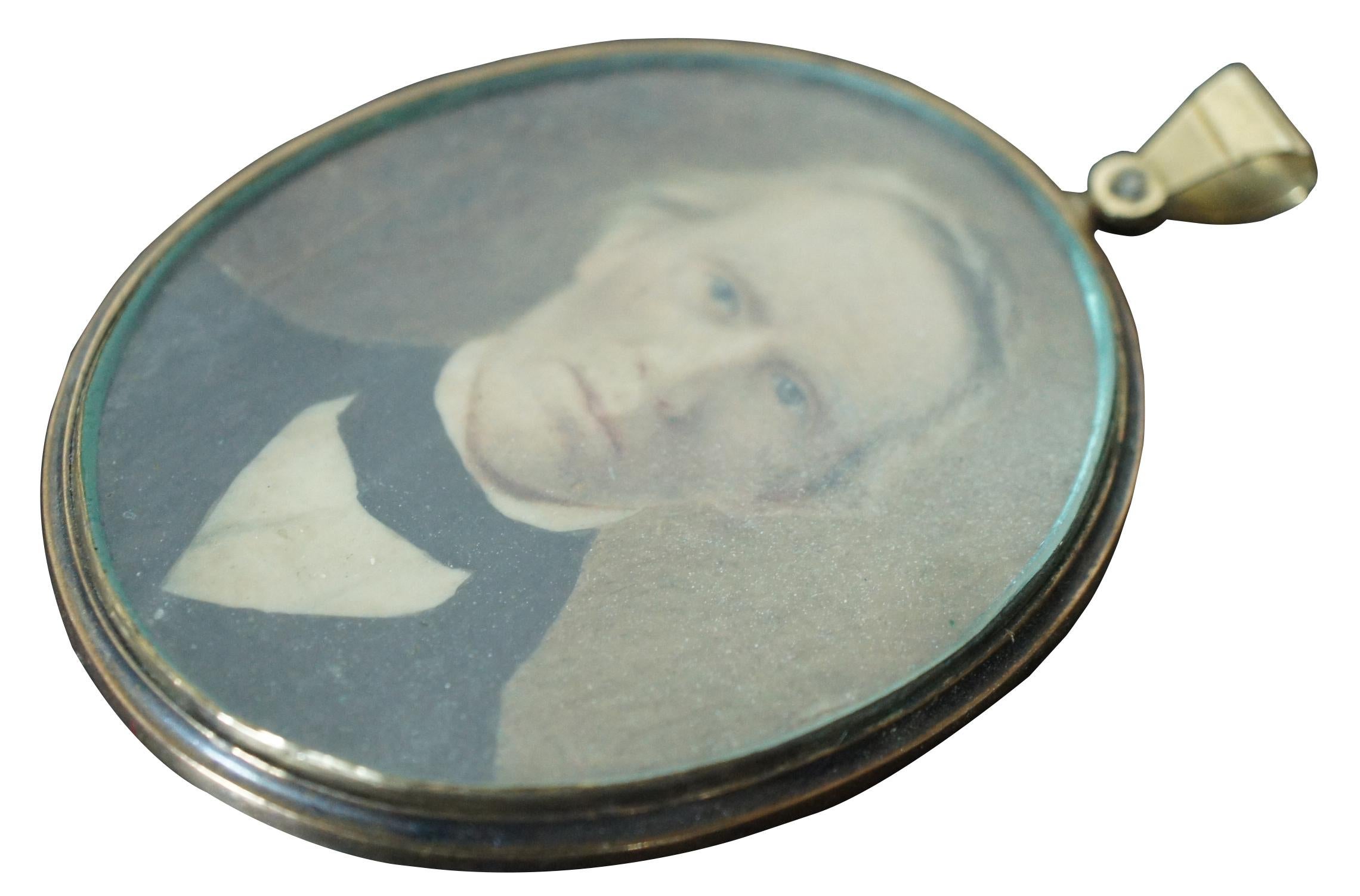 Antique Victorian Watercolor Portrait Painting & Hair Locket Mourning Jewelry In Good Condition In Dayton, OH