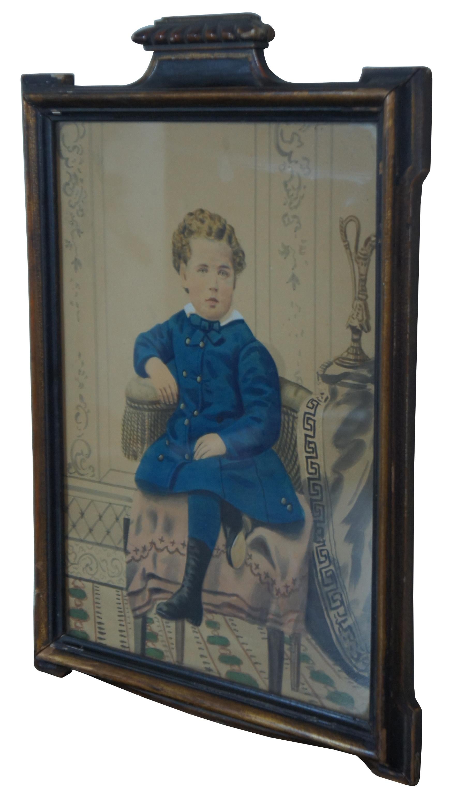 Antique Victorian watercolor portrait painting of a young boy in a blue outfit, seated on a pink cloth covered chair.

Measures: 11.75” x 0.5” x 16” / Sans Frame – 9.5” x 12.5” (.Width x Depth x Height)