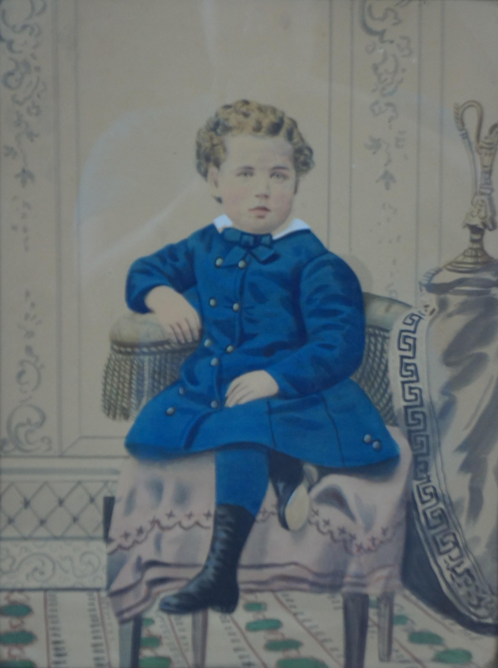 Antique Victorian Watercolor Portrait Painting of Boy in Blue Formal Attire In Good Condition For Sale In Dayton, OH
