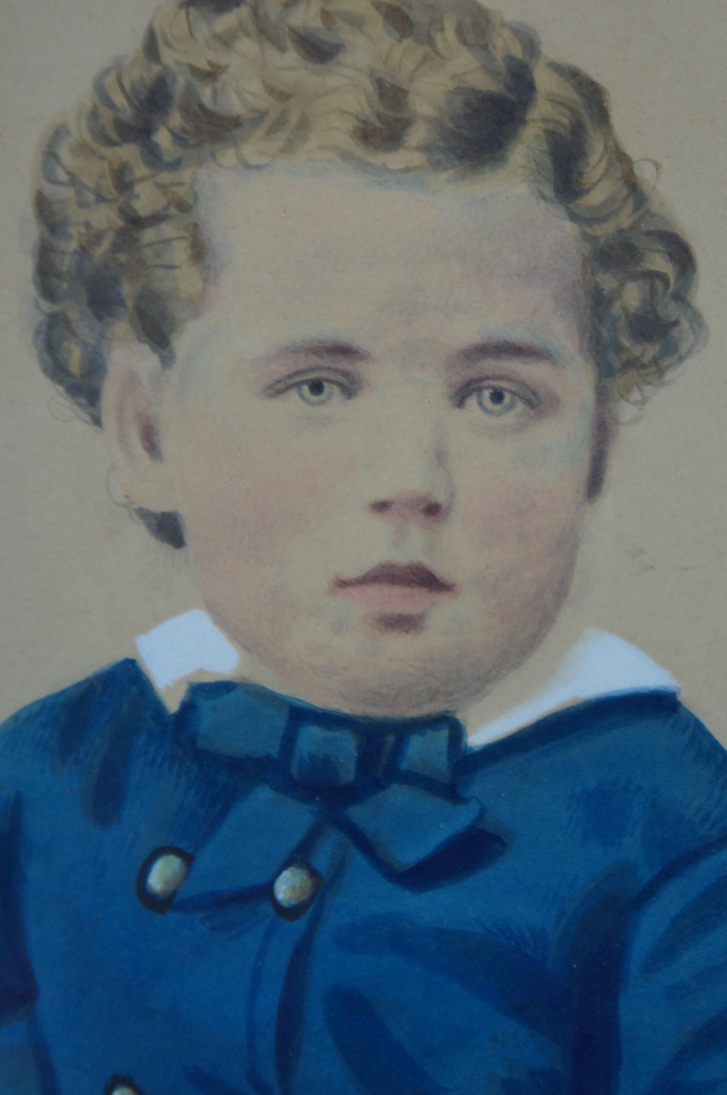 Antique Victorian Watercolor Portrait Painting of Boy in Blue Formal Attire For Sale 1