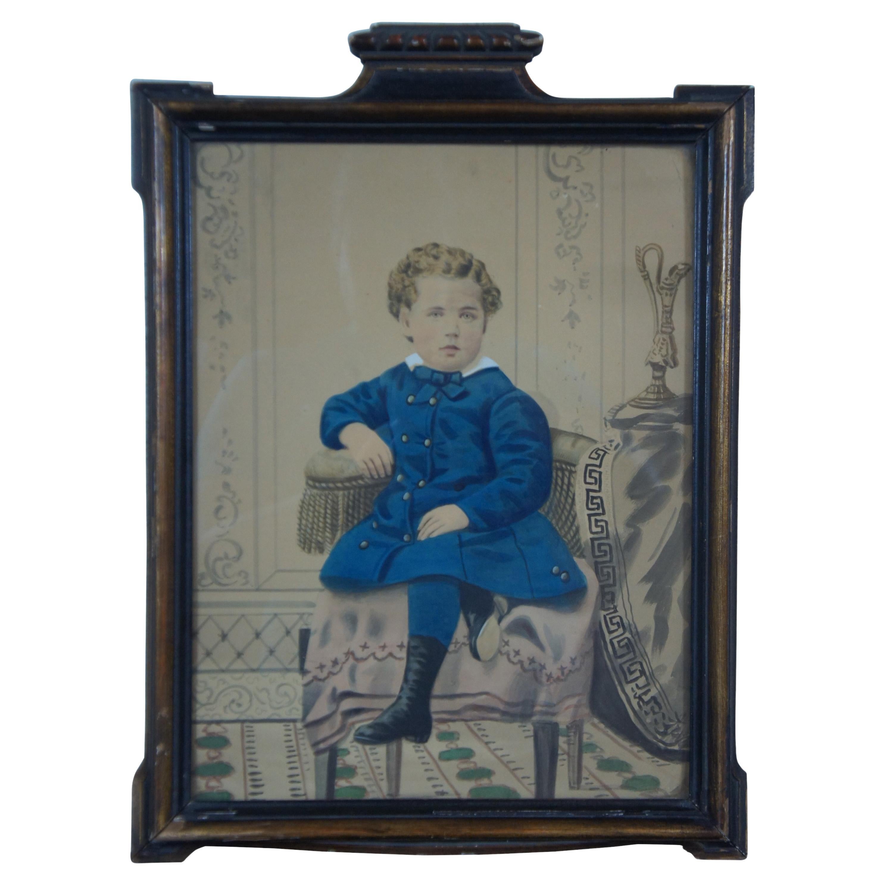 Antique Victorian Watercolor Portrait Painting of Boy in Blue Formal Attire For Sale