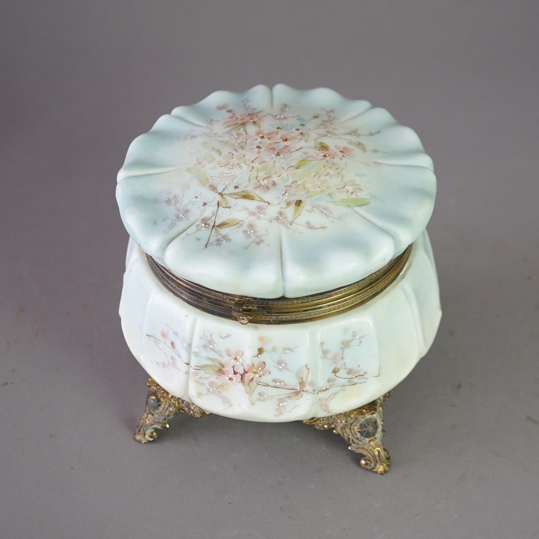 Antique Victorian Wavecrest Floral Enameled Glass Footed Collar Box C1890 In Good Condition In Big Flats, NY