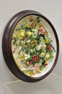 Antique Victorian Wax Floral Mourning Wreath Oval Mahogany Shadow Box Oddity