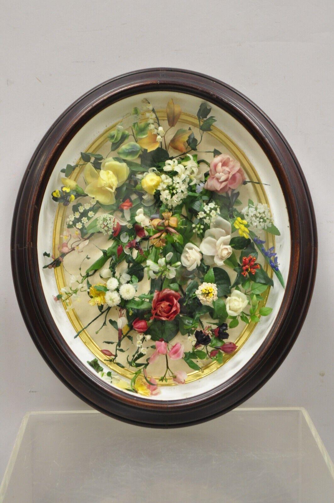 Antique Victorian Wax Floral Mourning Wreath Oval Mahogany Shadow Box Oddity In Good Condition For Sale In Philadelphia, PA