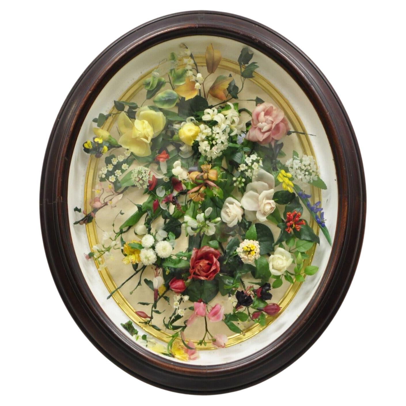 Antique Victorian Wax Floral Mourning Wreath Oval Mahogany Shadow Box Oddity