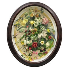 Ancienne boîte de deuil victorienne à fleurs en cire en forme de couronne ovale en acajou Oddity