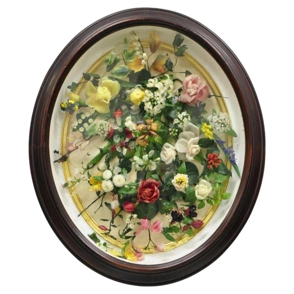 Antique Victorian Wax Floral Mourning Wreath Oval Mahogany Shadow Box Oddity