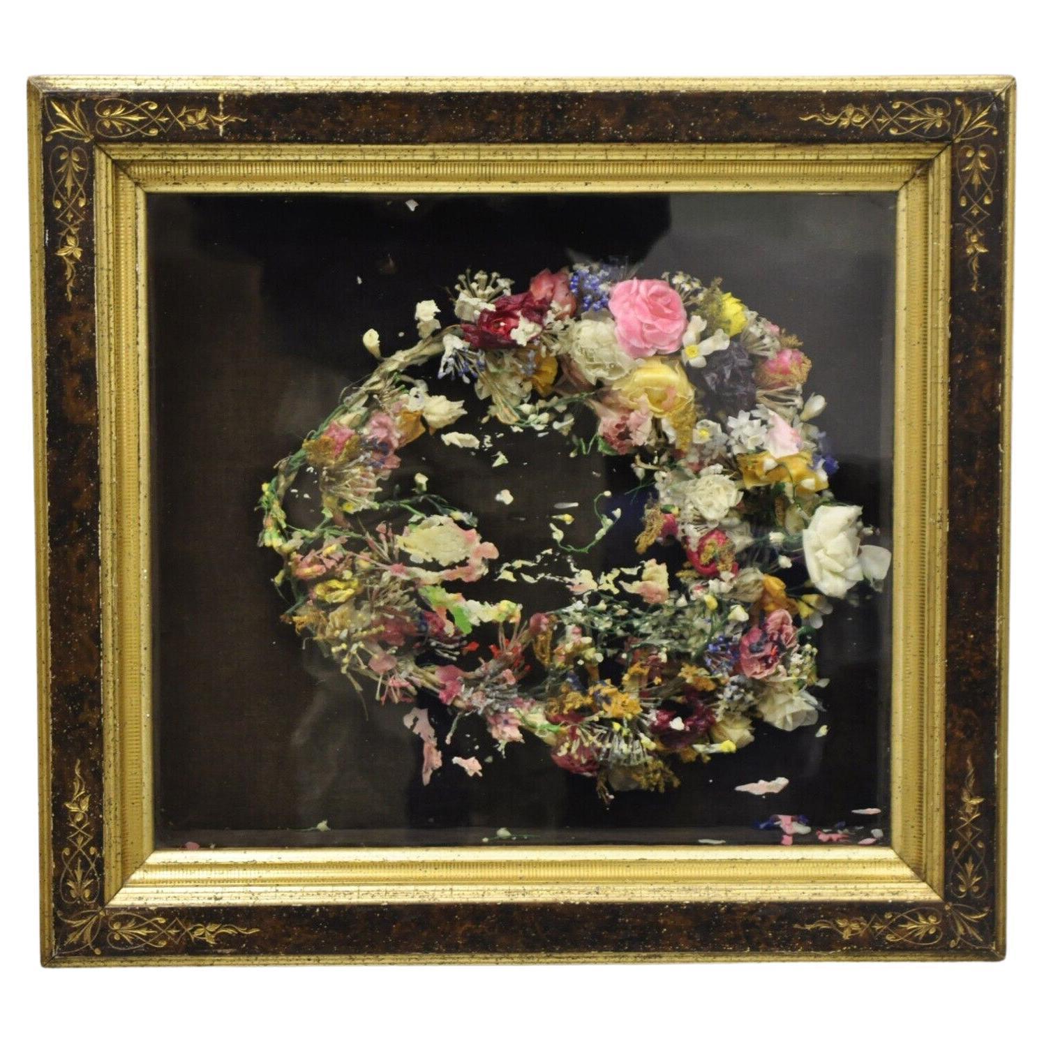 Antique Victorian Wax Flower Floral Mourning Wreath Shadow Box Frame Oddity For Sale