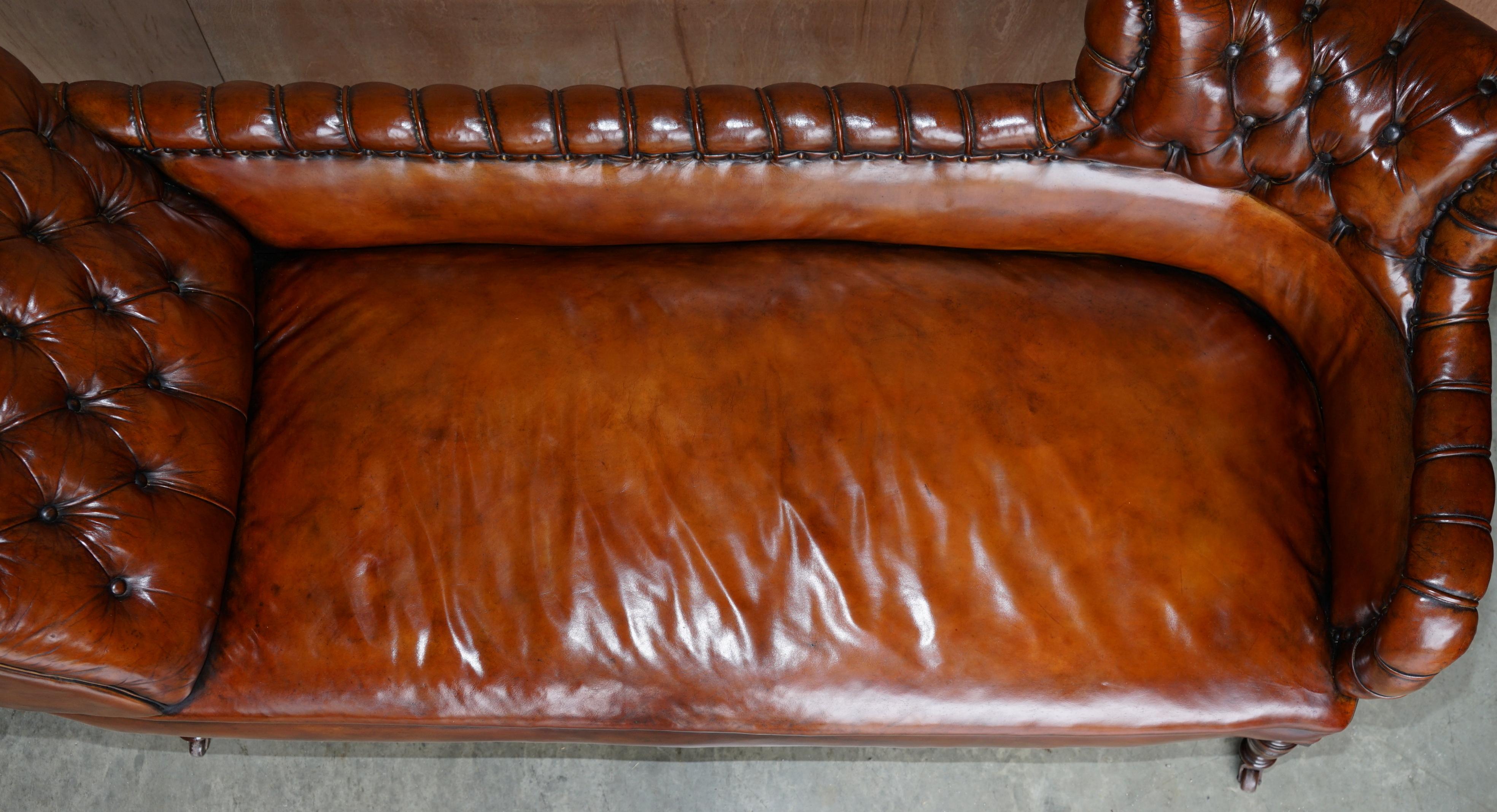 Hand-Crafted Antique Victorian Whisky Brown Leather Restored Chesterfield Sofa Chaise Lounge For Sale