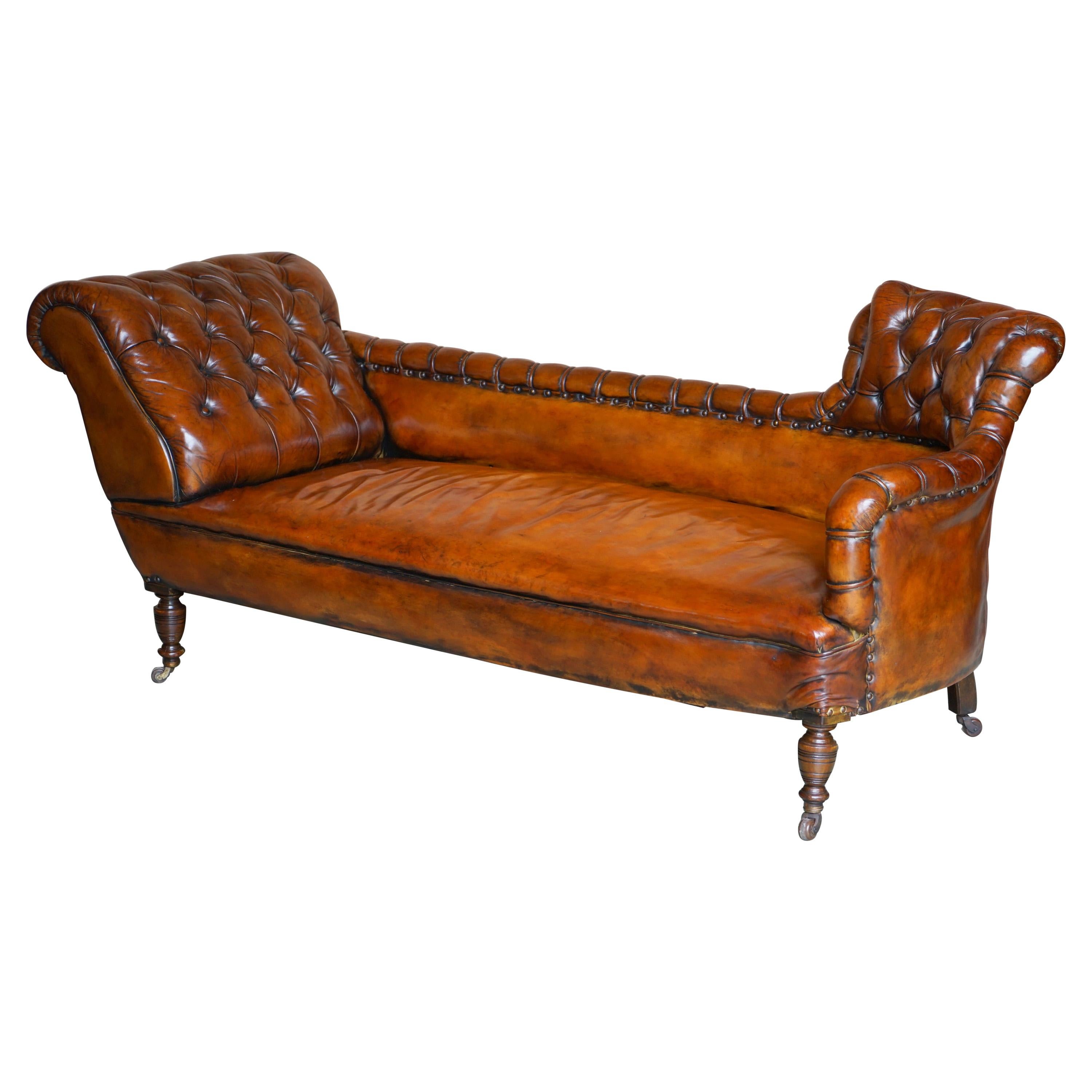 Antique Victorian Whisky Brown Leather Restored Chesterfield Sofa Chaise Lounge
