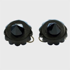 Antique Victorian Whitby Jet and Black Glass Earrings with Gold Tone Hooks