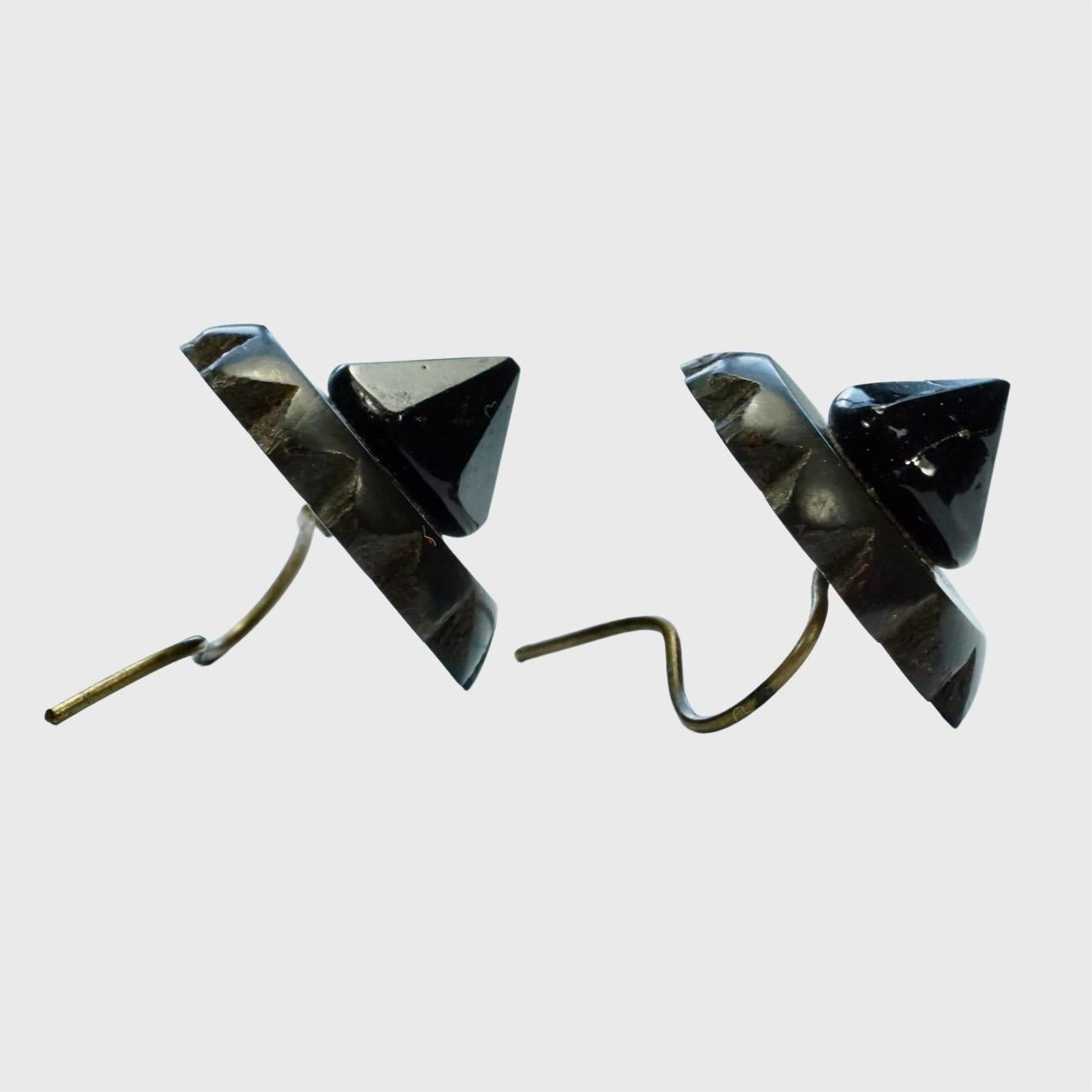 Women's or Men's Antique Victorian Whitby Jet and Black Glass Earrings with Gold Tone Hooks For Sale