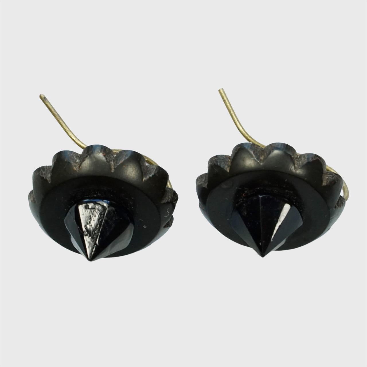Antique Victorian Whitby Jet and Black Glass Earrings with Gold Tone Hooks For Sale 1