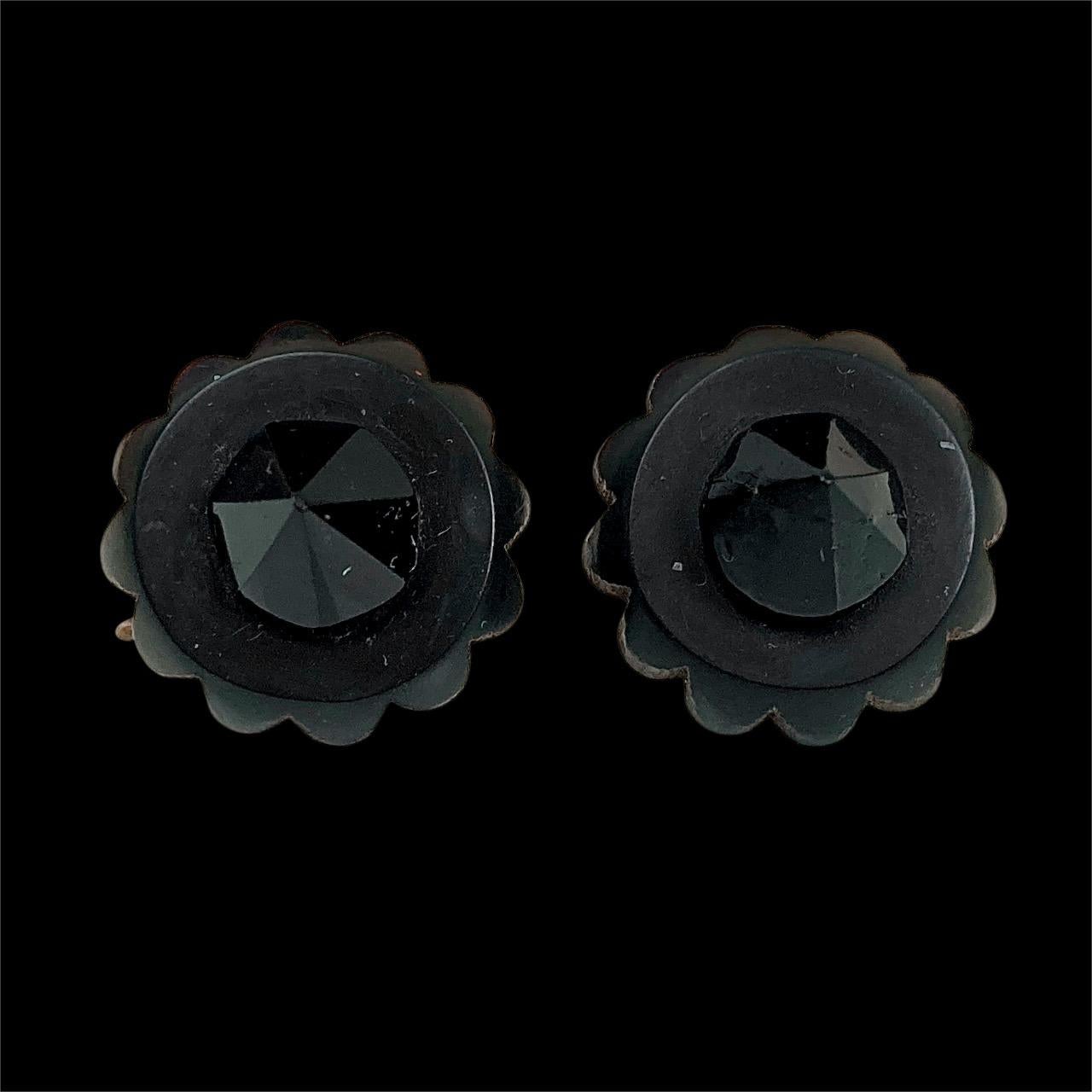Antique Victorian Whitby Jet and Black Glass Earrings with Gold Tone Hooks For Sale 3