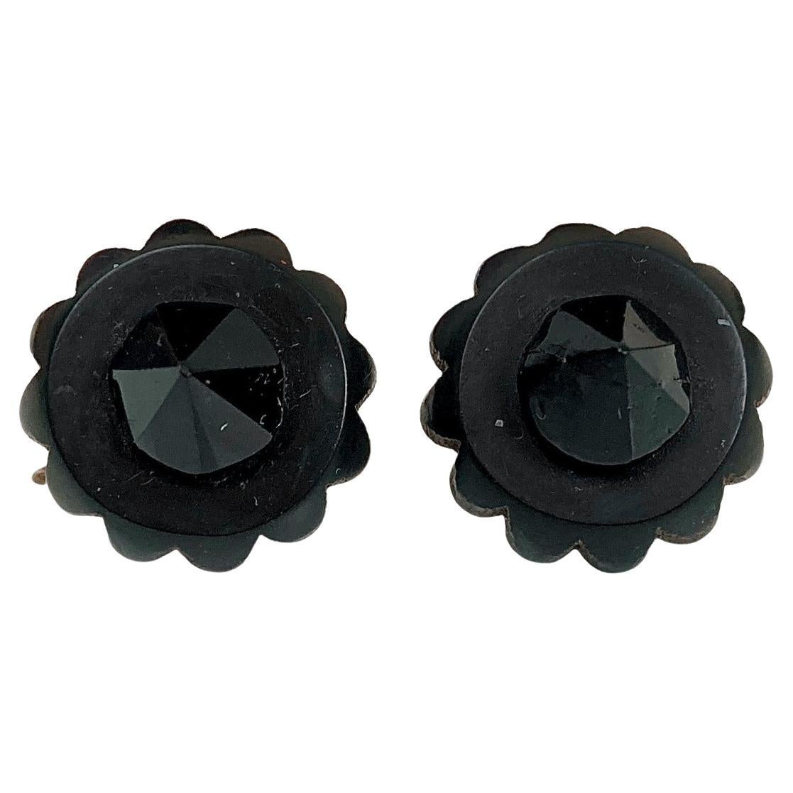 Antique Victorian Whitby Jet and Black Glass Earrings with Gold Tone Hooks