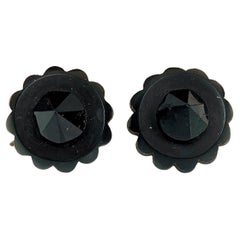 Antique Victorian Whitby Jet and Black Glass Earrings with Gold Tone Hooks