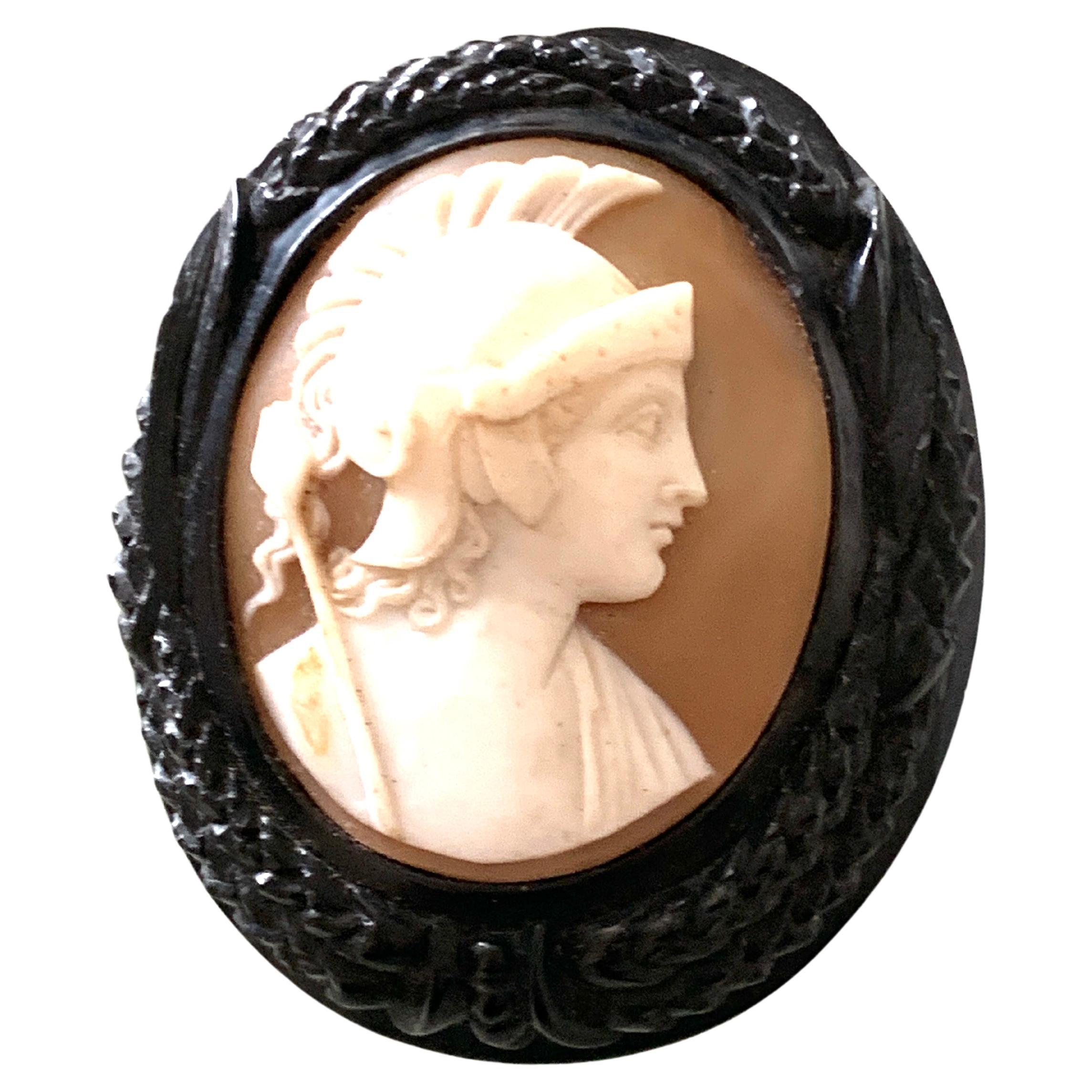 Antique Victorian Whitby Jet and Cameo Mourning brooch For Sale