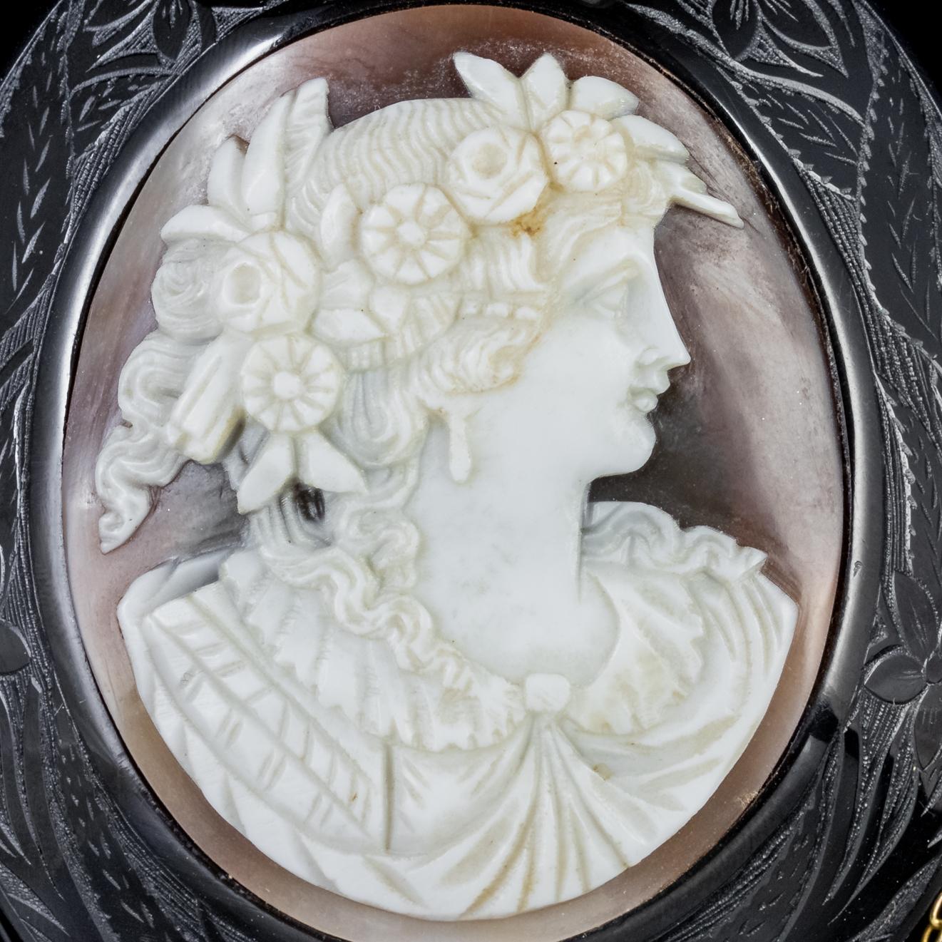 High Victorian Antique Victorian Whitby Jet Cameo Brooch, circa 1860 For Sale