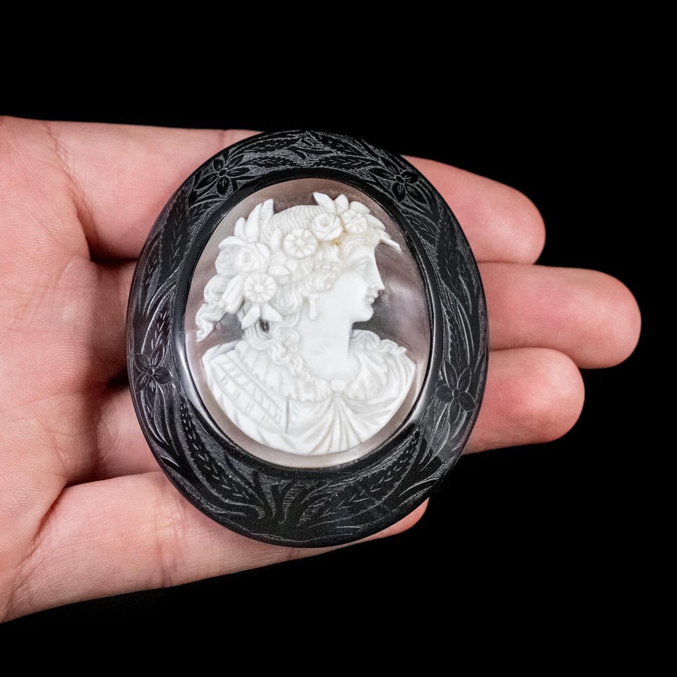 Antique Victorian Whitby Jet Cameo Brooch, circa 1860 For Sale 2