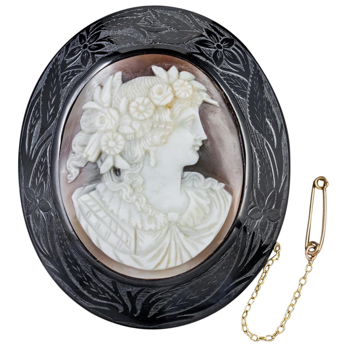 Antique Victorian Whitby Jet Cameo Brooch, circa 1860 For Sale