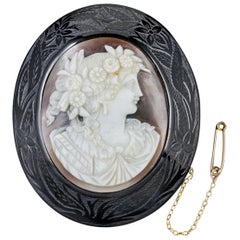 Antique Victorian Whitby Jet Cameo Brooch, circa 1860