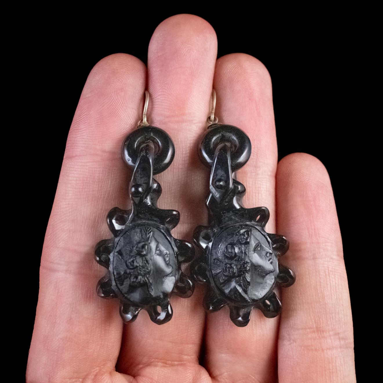 High Victorian Antique Victorian Whitby Jet Cameo Earrings, circa 1860 For Sale
