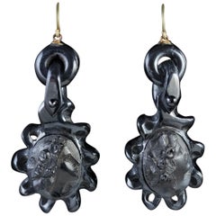 Antique Victorian Whitby Jet Cameo Earrings, circa 1860