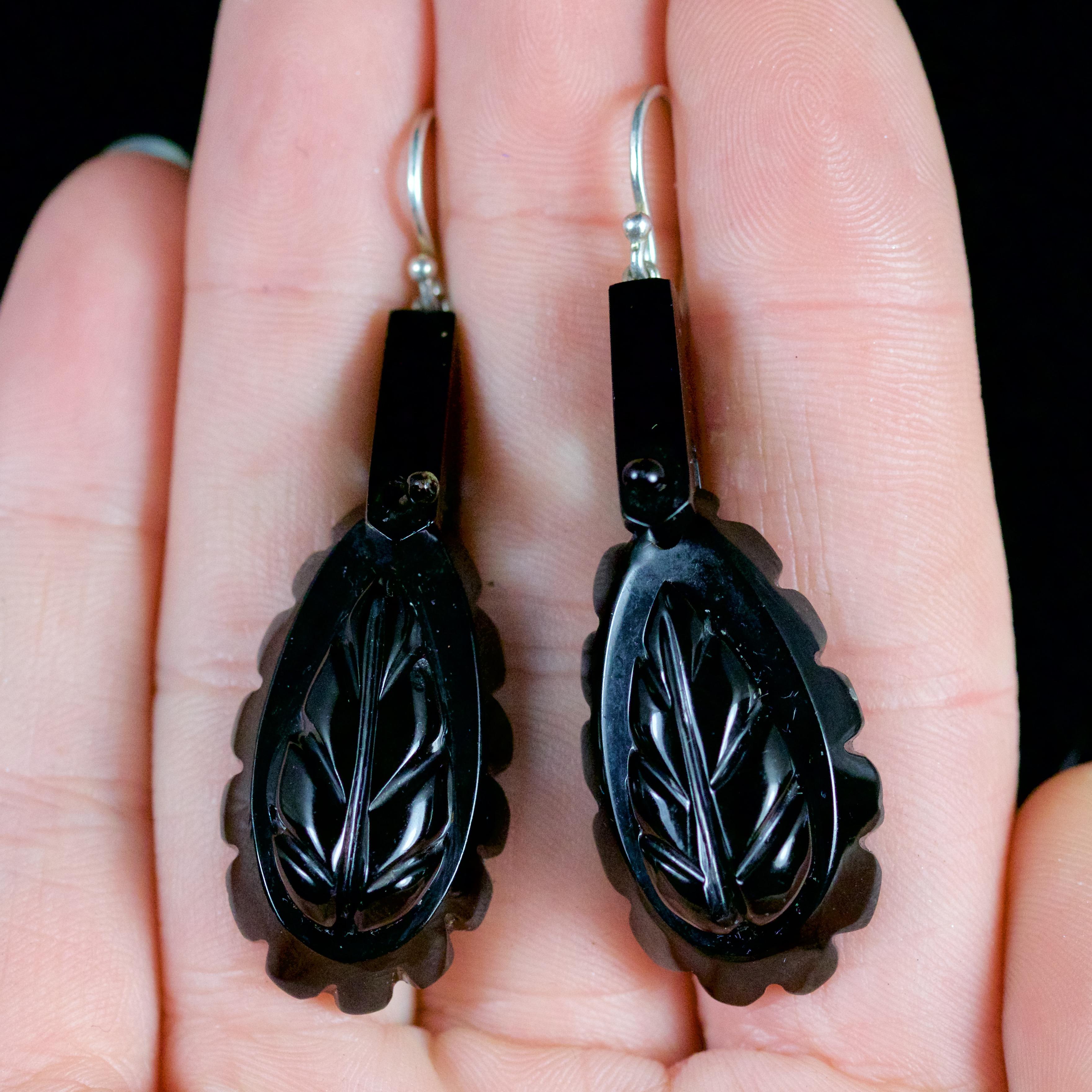 Women's or Men's Antique Victorian Whitby Jet Carved Earrings, circa 1860 For Sale