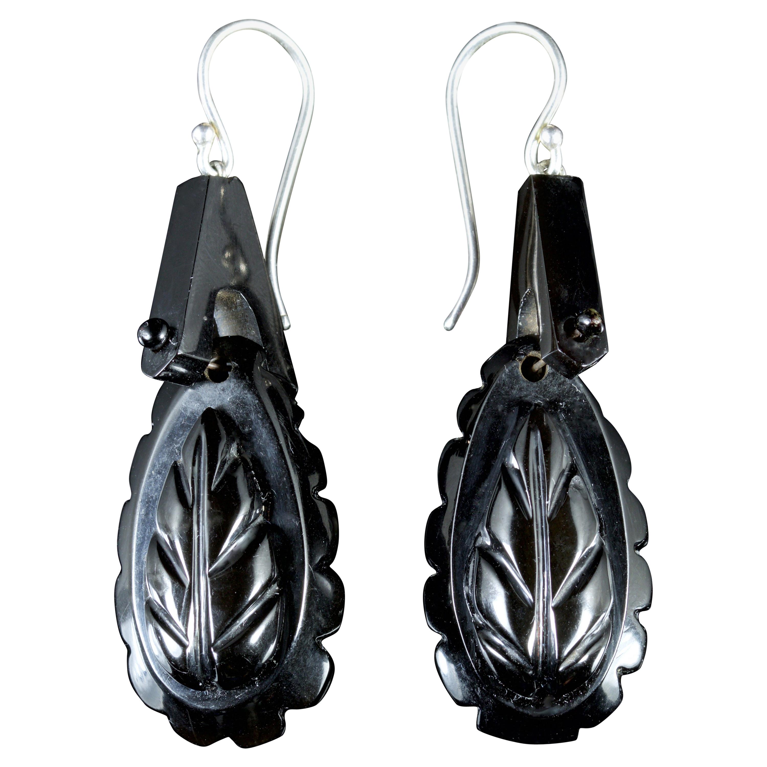 Antique Victorian Whitby Jet Carved Earrings, circa 1860 For Sale