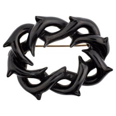 Antique Victorian Whitby Jet Crown of Thorns Wreath Brooch c. 1860