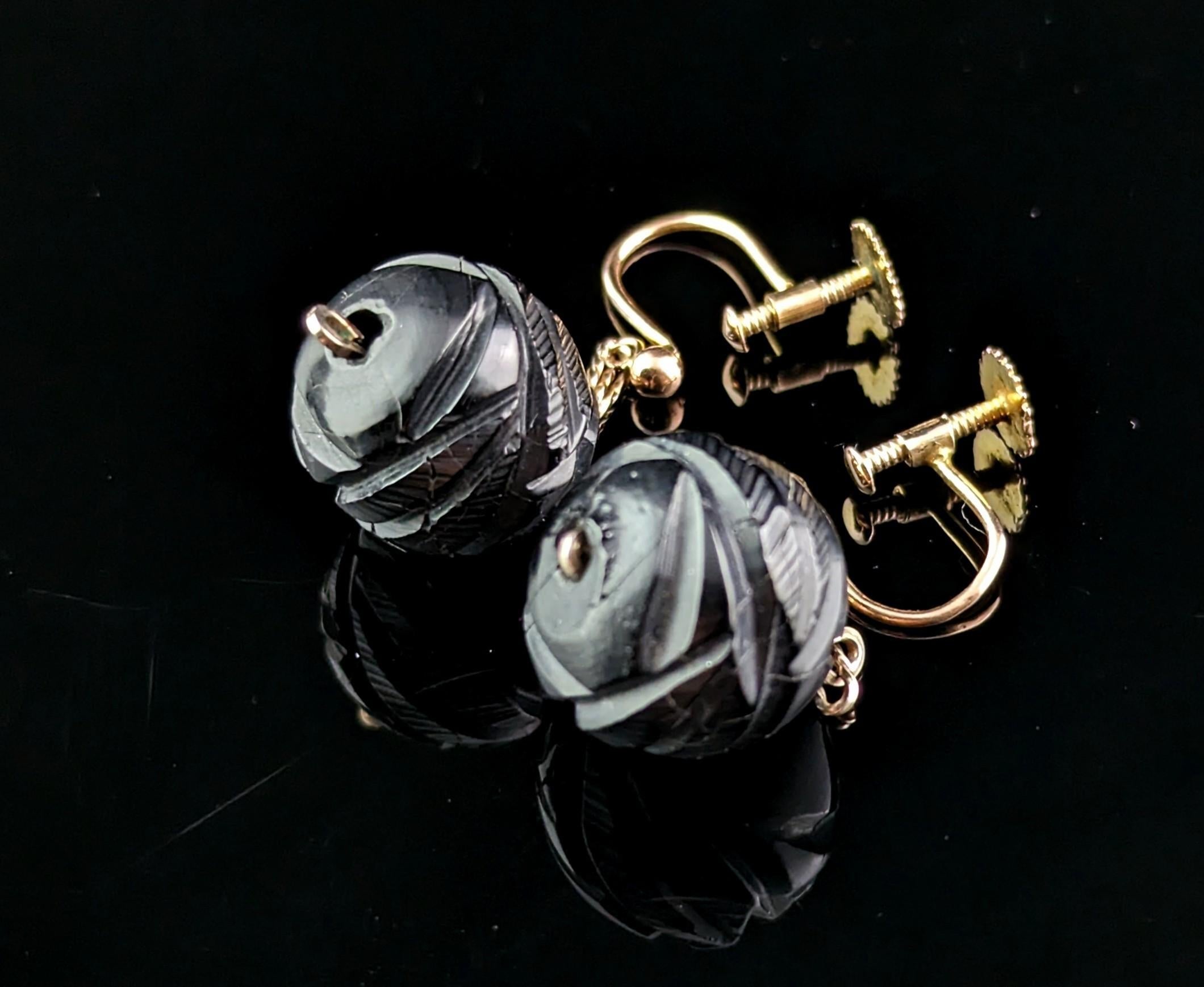 Antique Victorian Whitby Jet Earrings, 9k Gold, Screw Back For Sale 2