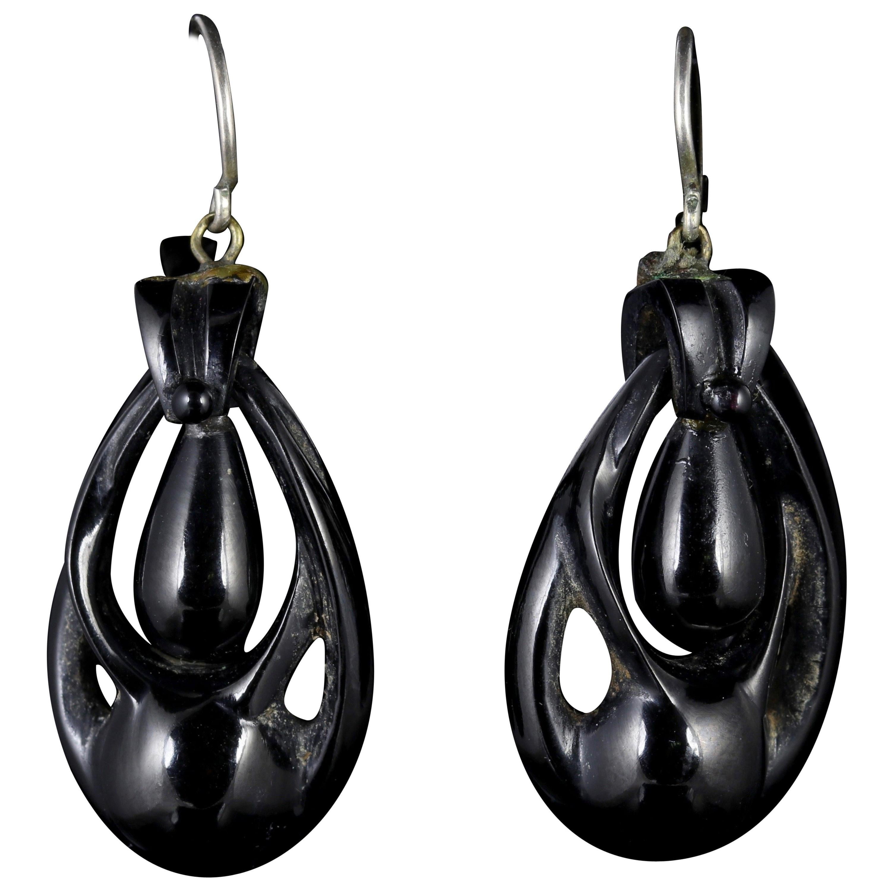 Antique Victorian Whitby Jet Earrings For Sale